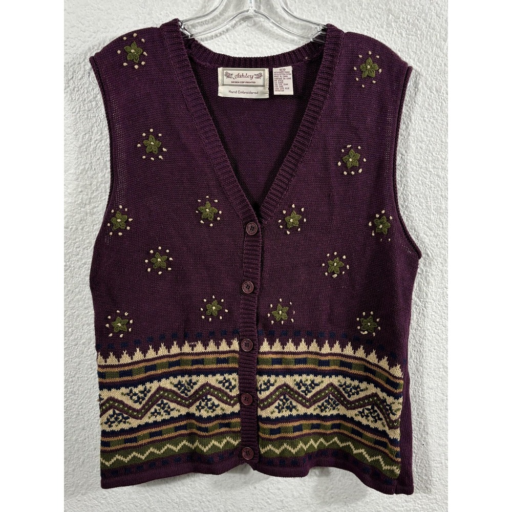 Vintage Ashley Sweater Vest Womens Medium Purple Fair Isle Cottagecore 90s